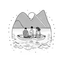 man and woman sitting on a boat, the woman is leaning her head on the man, there is a little bit of water some mountains tattoo design idea