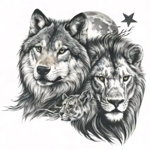 grey wolf and lion with cresent moon and star above tattoo design idea