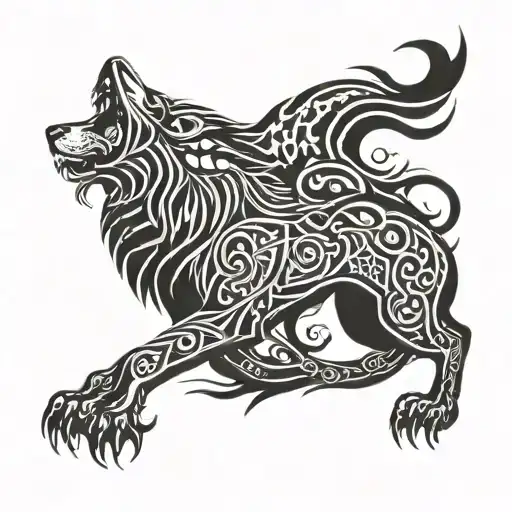 turkic myth featuring grey wolf howling and lion roaring tattoo design idea