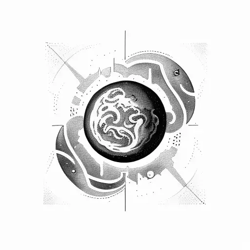 tatouage horizontal planète Mars, soleil et sablier tattoo design idea