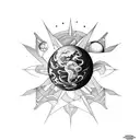 tatouage horizontal planète Mars, soleil et sablier tattoo design idea