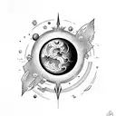 tatouage horizontal planète Mars, soleil et sablier tattoo design idea