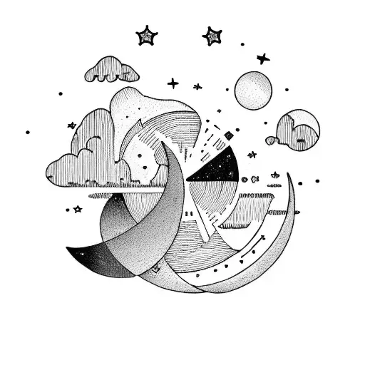 A dotwork illustration of a peaceful night sky with the Gemini constellation and a crescent moon tattoo design idea
