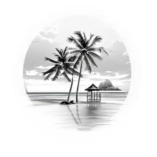 A detailed illustration of a serene beach in Sri Lanka, with palm trees, crystal clear water, and a stunning sunset, reflecting the client's fondness for the island. tattoo design idea