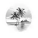A detailed illustration of a serene beach in Sri Lanka, with palm trees, crystal clear water, and a stunning sunset, reflecting the client's fondness for the island. tattoo design idea