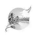 A detailed illustration of a serene beach in Sri Lanka, with palm trees, crystal clear water, and a stunning sunset, reflecting the client's fondness for the island. tattoo design idea