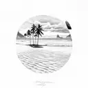 A detailed illustration of a serene beach in Sri Lanka, with palm trees, crystal clear water, and a stunning sunset, reflecting the client's fondness for the island. tattoo design idea