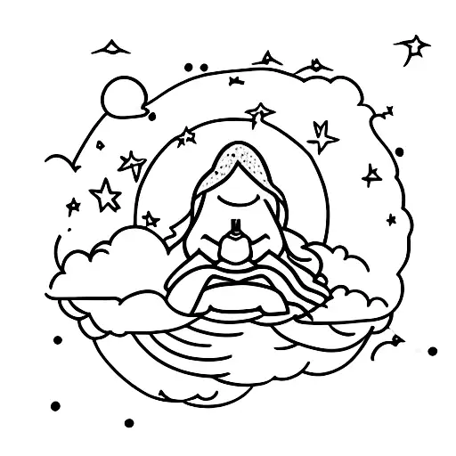 A peaceful scene of a sleeping girl nestled among fluffy clouds, with shooting stars streaking across the sky tattoo design idea