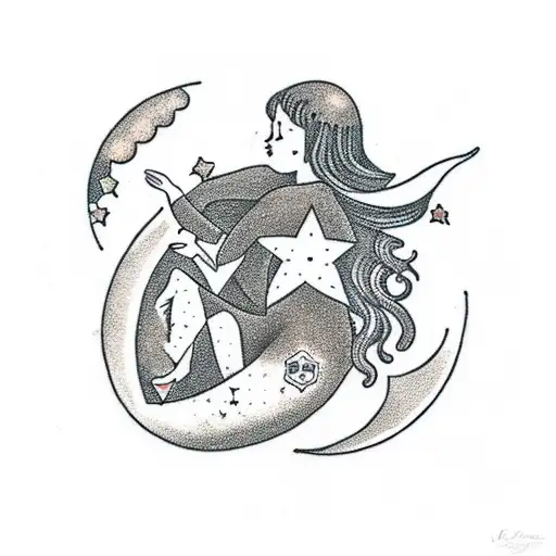 A serene young girl sleeping on a crescent moon, surrounded by twinkling stars tattoo design idea