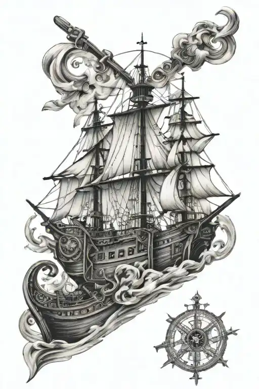 Portuguese caravel + Cross of Saint Benedict combined tattoo design idea