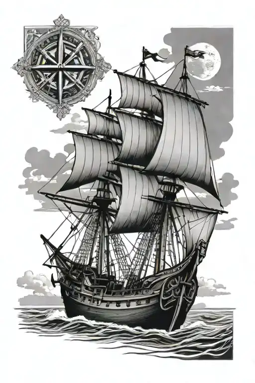 Portuguese caravel + Cross of Saint Benedict tattoo design idea