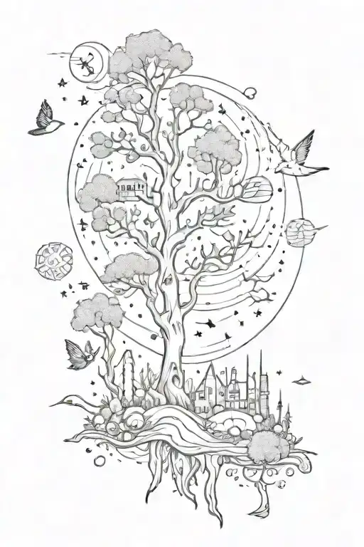 Fine line design including trees, peace, birds , stars, wind and other things that match this vibe  tattoo design idea