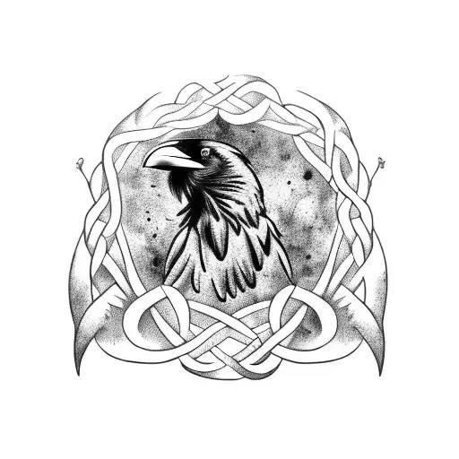 A majestic raven perched on a Celtic knot, surrounded by Roman laurel leaves. tattoo design idea