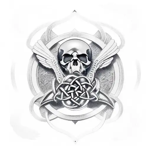 A striking Memento Mori design featuring a raven skull entwined in a Celtic knot, with Roman laurel leaves as a symbol of victory. tattoo design idea