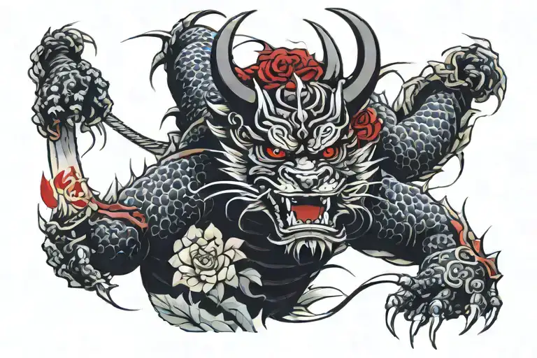 samurai, dragon rose tattoo design idea
