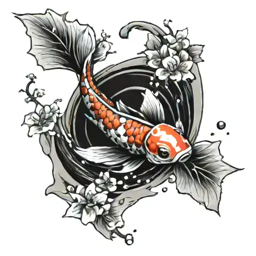 A realistic portrayal of a koi fish swimming gracefully with anime-style cherry blossom petals floating around it, symbolizing your love for Japan and your children tattoo design idea