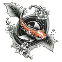 A realistic portrayal of a koi fish swimming gracefully with anime-style cherry blossom petals floating around it, symbolizing your love for Japan and your children tattoo design idea