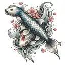 A realistic portrayal of a koi fish swimming gracefully with anime-style cherry blossom petals floating around it, symbolizing your love for Japan and your children tattoo design idea