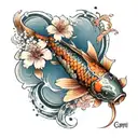 A realistic portrayal of a koi fish swimming gracefully with anime-style cherry blossom petals floating around it, symbolizing your love for Japan and your children tattoo design idea