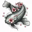 A realistic portrayal of a koi fish swimming gracefully with anime-style cherry blossom petals floating around it, symbolizing your love for Japan and your children tattoo design idea