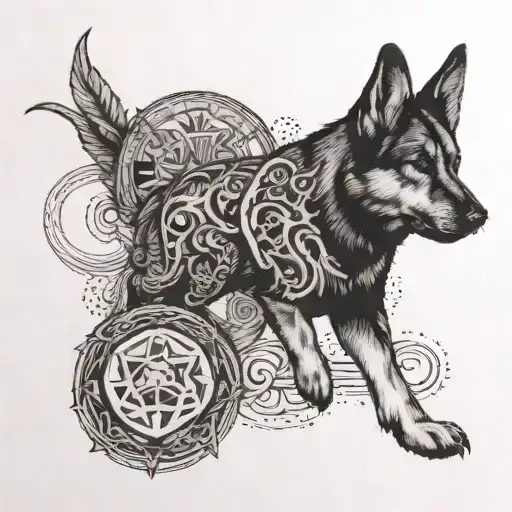 A dotwork tattoo of a mythical creature inspired by your favorite fantasy books, with elements from Throne of Glass and Once Upon a Broken Heart, alongside subtle tributes to Eminem and My Chemical Romance, and featuring silhouettes of your German shepherd and dachshund in the background tattoo design idea