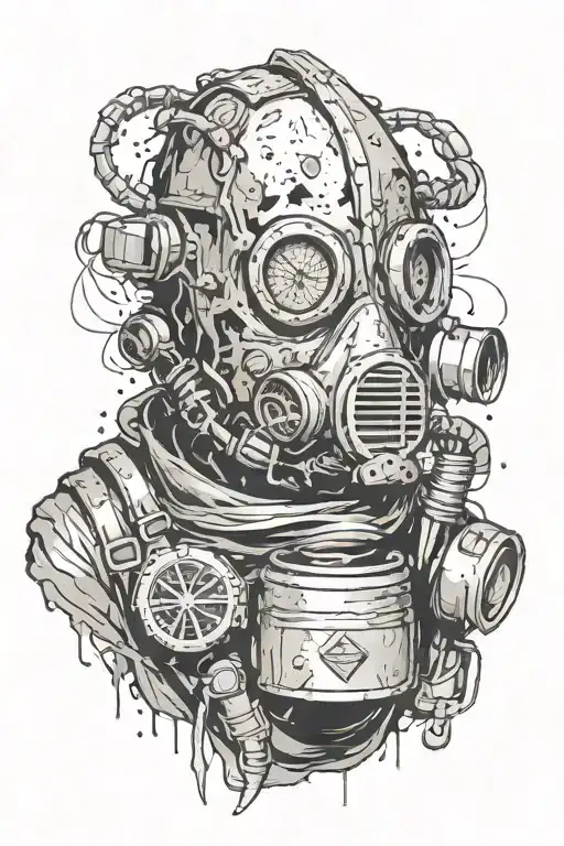 Its a tattoo from caiman from dorohedoro. Dark and sketchy. he has s gas mask on and red crosses over hes eyes  tattoo design idea