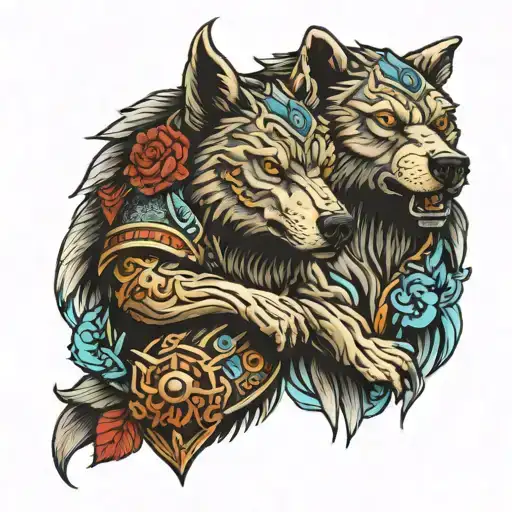 Armor with wolf and bears facing each other tattoo design idea