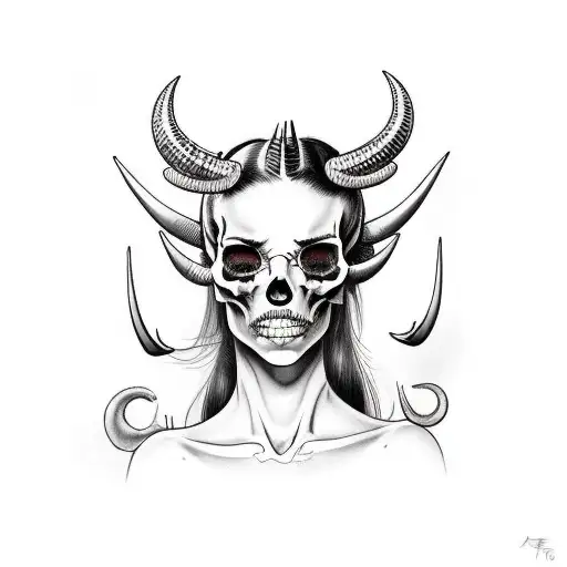 a woman with horns and no pupils, holding a skull.  tattoo design idea