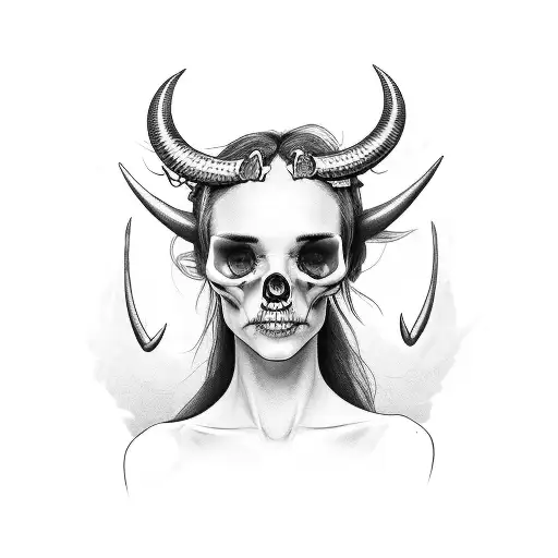 a woman with horns and no pupils, holding a skull.  tattoo design idea