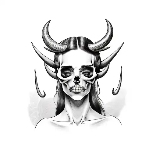 a woman with horns and no pupils, holding a skull.  tattoo design idea