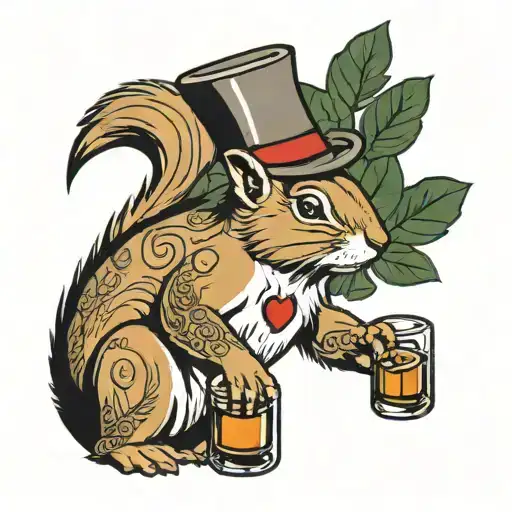 squirrel with bourbon glass tattoo design idea