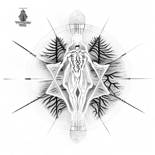 dna strand with treetop on top of it with vitruvian man coming out from above it tattoo design idea