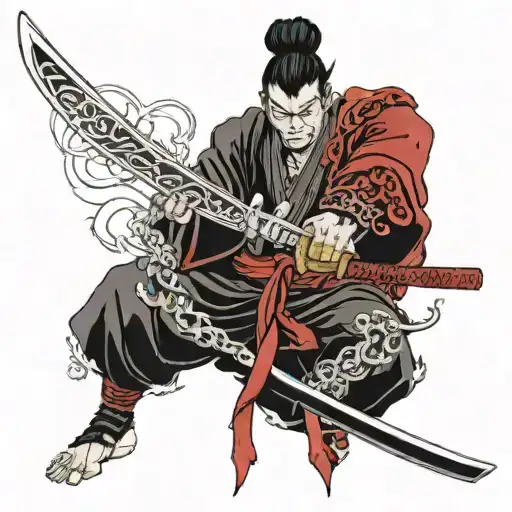 zoros sushui katana surrounded by red lightning and demon in Japanese in the background  tattoo design idea