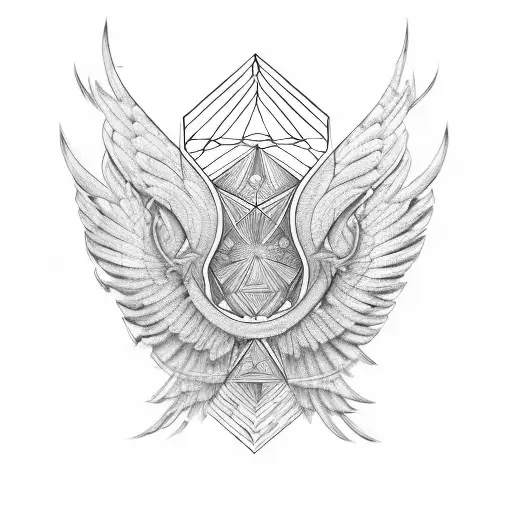 Wings with As above so below behind and geometric line behind wings design insinde a diamond shape line design  tattoo design idea
