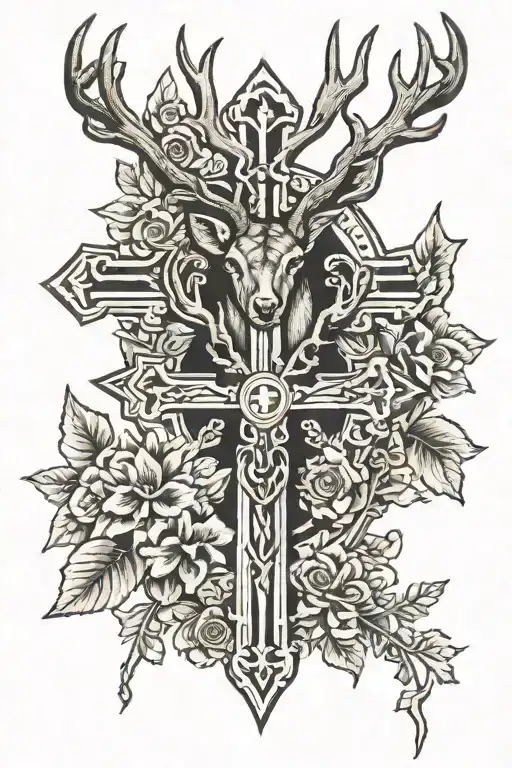 cross of Lorraine and deer tattoo design idea