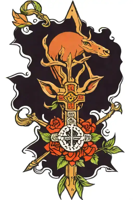 cross of Lorraine and deer tattoo design idea