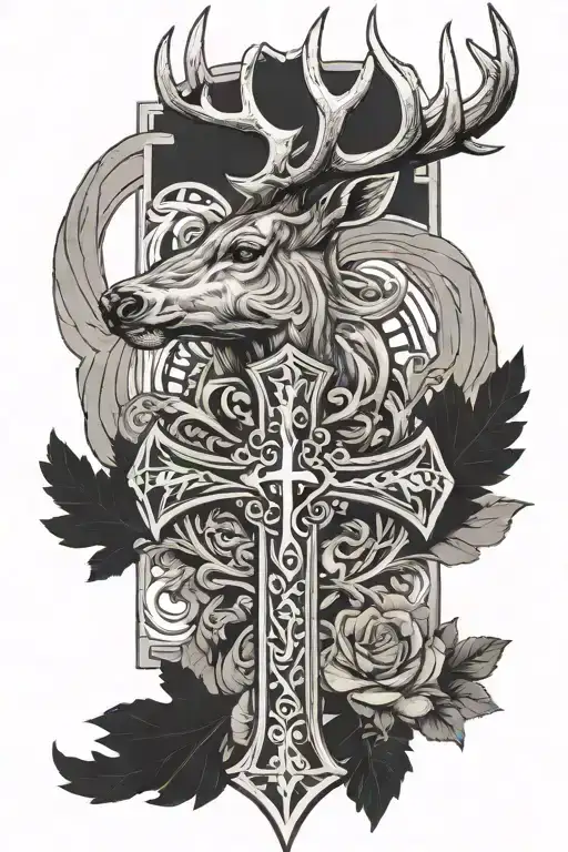 cross of Lorraine and deer tattoo design idea