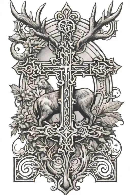 Cross of Lorraine: Placed in the center, with the two distinct horizontal bars. Deer facing in front of the cross tattoo design idea