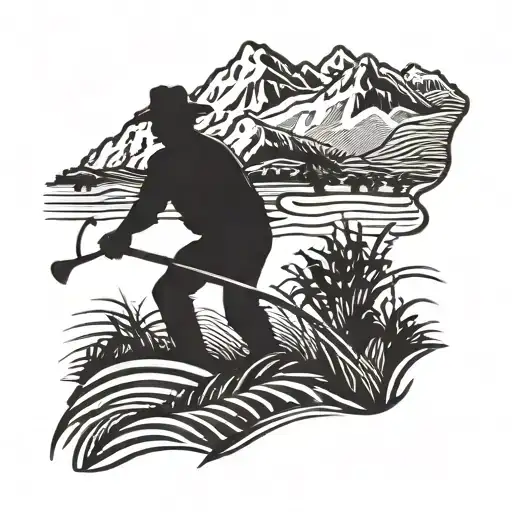 A silhouette of a farmer working in a field with a mountain backdrop tattoo design idea