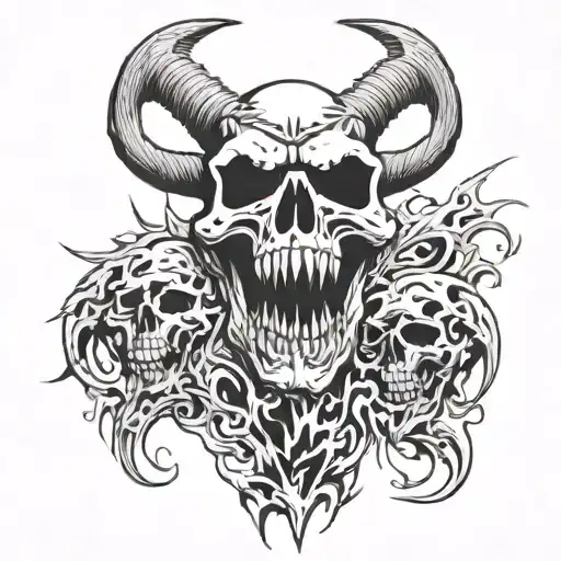 skull, sharp teeth, jaw wide open, skin melting, death, scary, horns, demonic tattoo design idea
