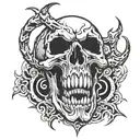 skull, sharp teeth, jaw wide open, skin melting, death, scary, horns, demonic tattoo design idea