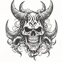skull, sharp teeth, jaw wide open, skin melting, death, scary, horns, demonic tattoo design idea