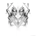 two Valkyrie facing each other with their hands in front of them holding their swords which are pointing downwards.  tattoo design idea