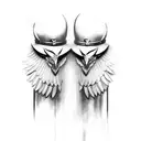two Valkyrie facing each other with their hands in front of them holding their swords which are pointing downwards.  tattoo design idea