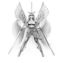 two Valkyrie facing each other with their hands in front of them holding their swords which are pointing downwards.  tattoo design idea