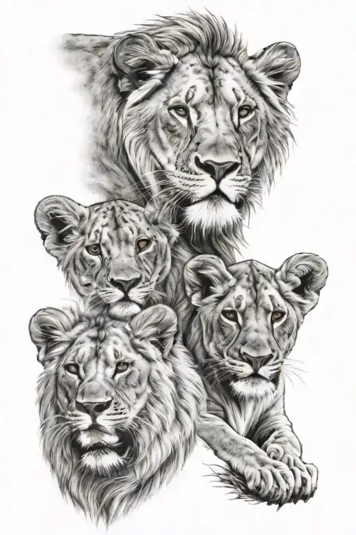 half lioness face and two lion cubs half face  tattoo design idea