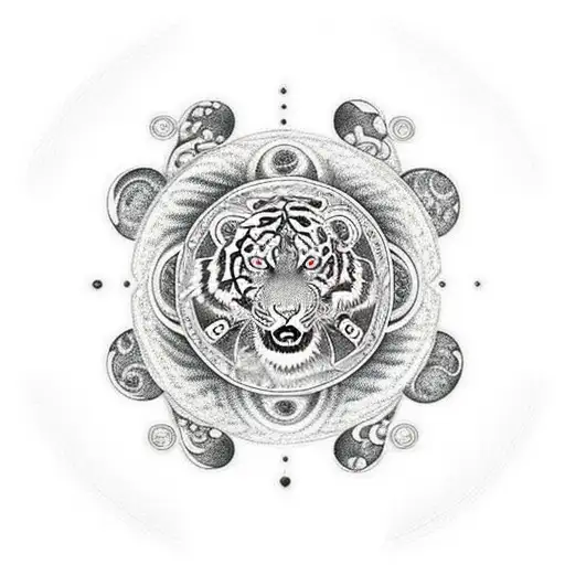 mathmatical Infinity symbol with a tiger eye in the left circle and a dragon eye in the right circle tattoo design idea