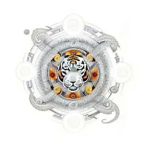 Infinity symbol knot with a tiger eye in the left circle and a dragon eye in the right circle tattoo design idea