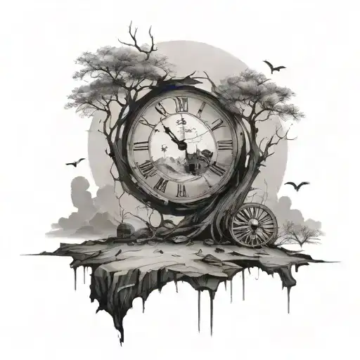 A tattoo combining symbols of a broken family and solitude, with a broken clock and a lone tree in a barren landscape tattoo design idea