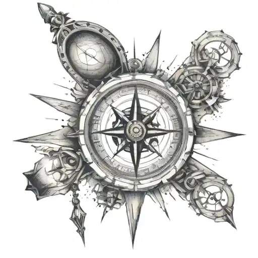 A broken compass pointing in different directions, symbolizing the client's journey to find their own path after their family fell apart tattoo design idea